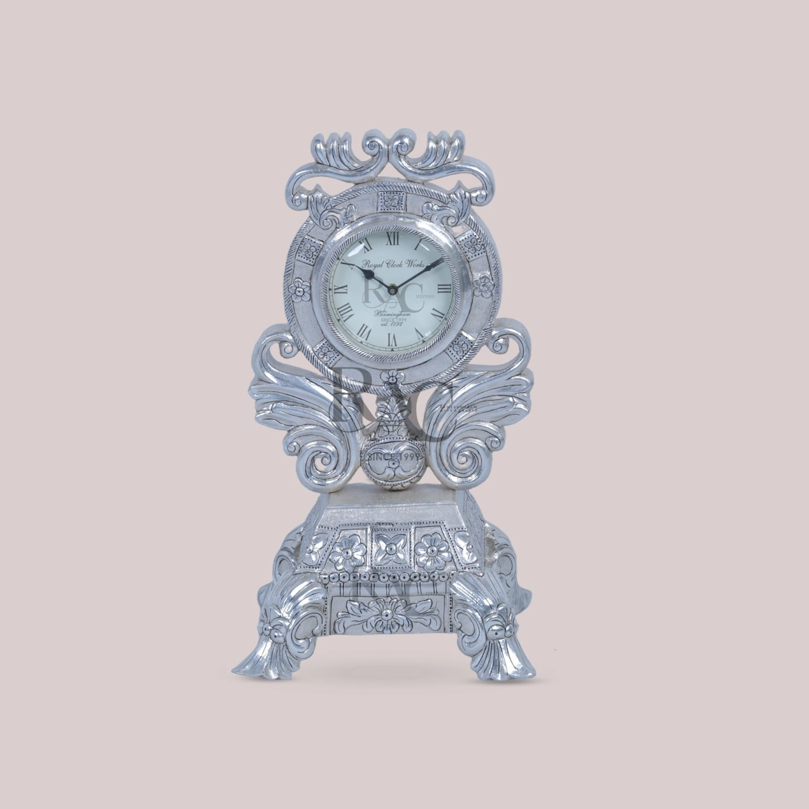 Antiquated Silver Baroque Table Clock