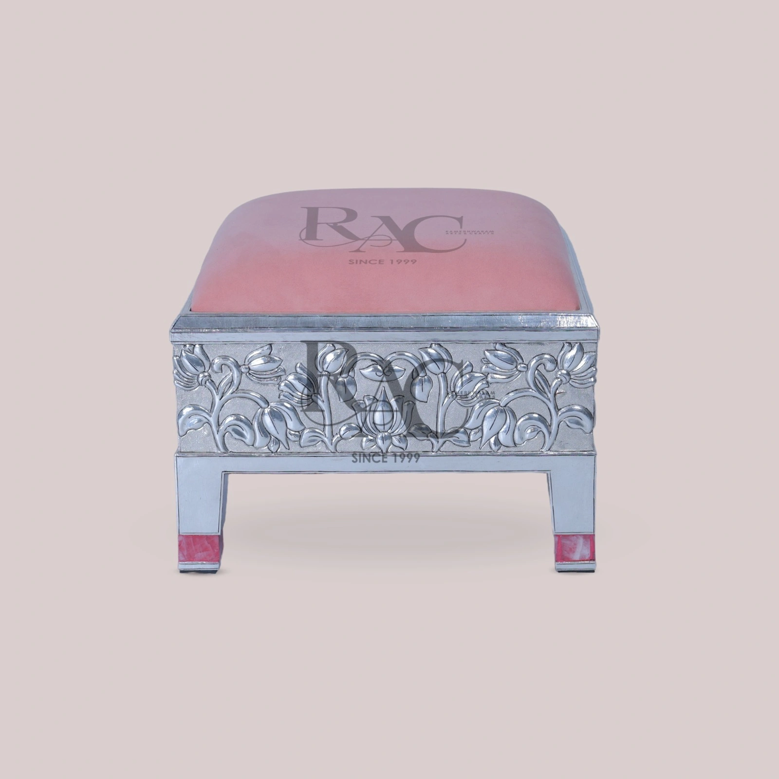 Royal Silver Carved Footstool With Rose Pink Velvet
