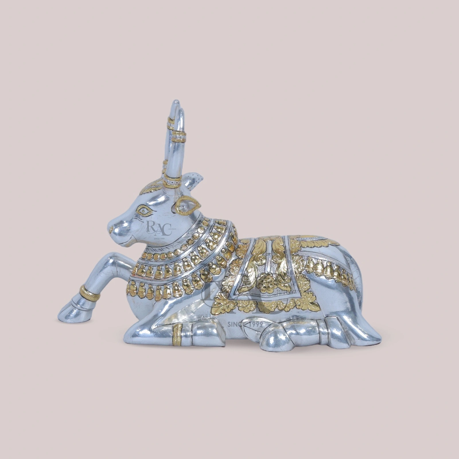 Ornate Silver And Gold Nandi Idol