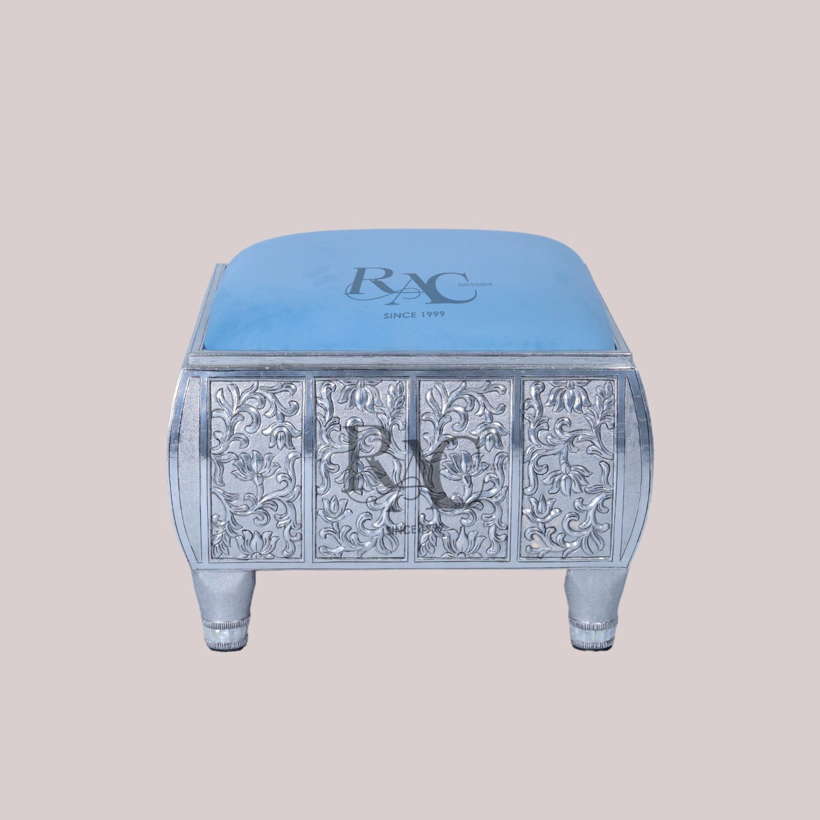 Hand Carved Silver Ottoman With Velvet Seating